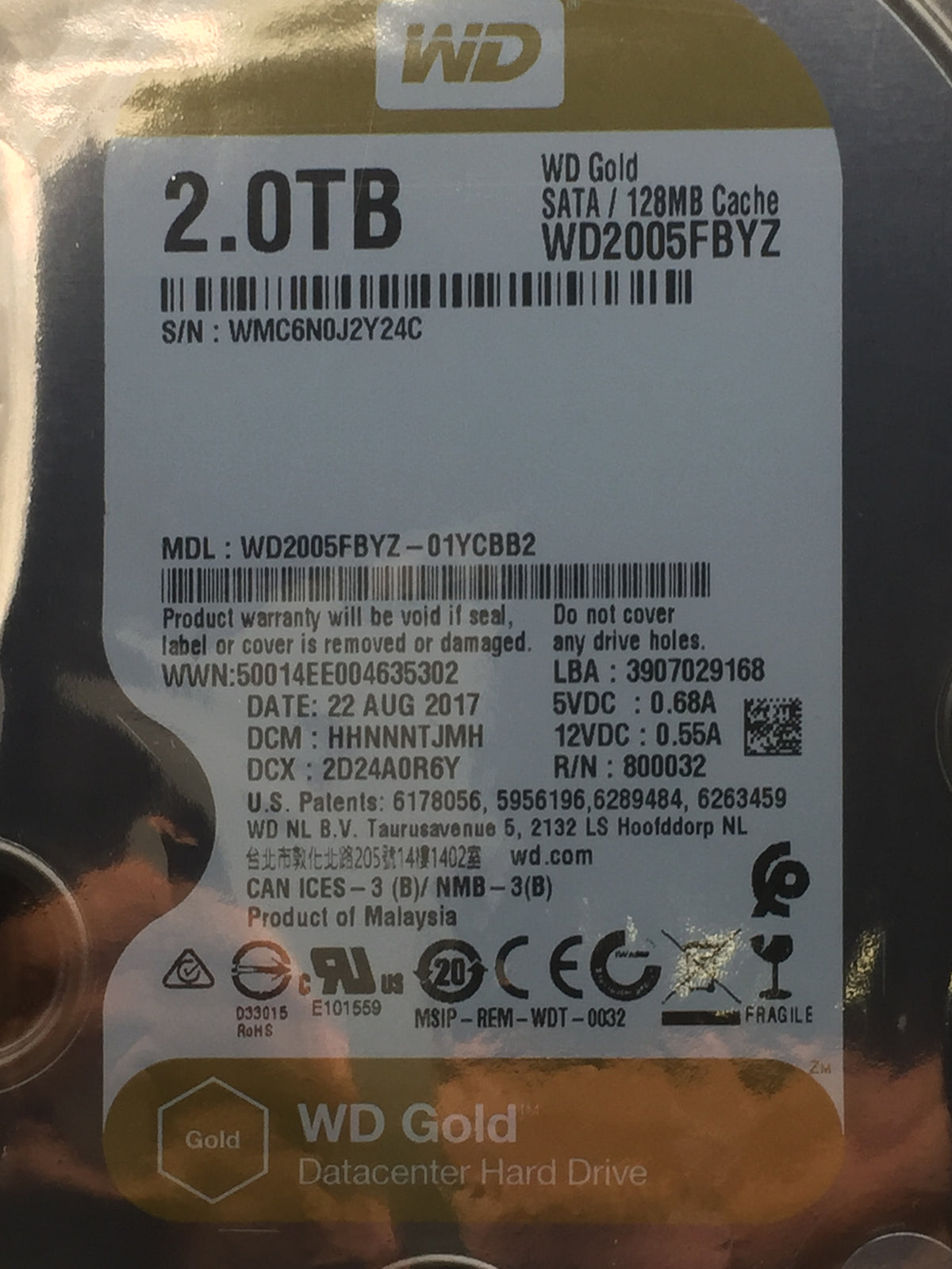 WD WD2005FBYZ Gold 2TB 7200 RPM 128MB SATA 3.5" Enterprise HDD ZERO HOURS
