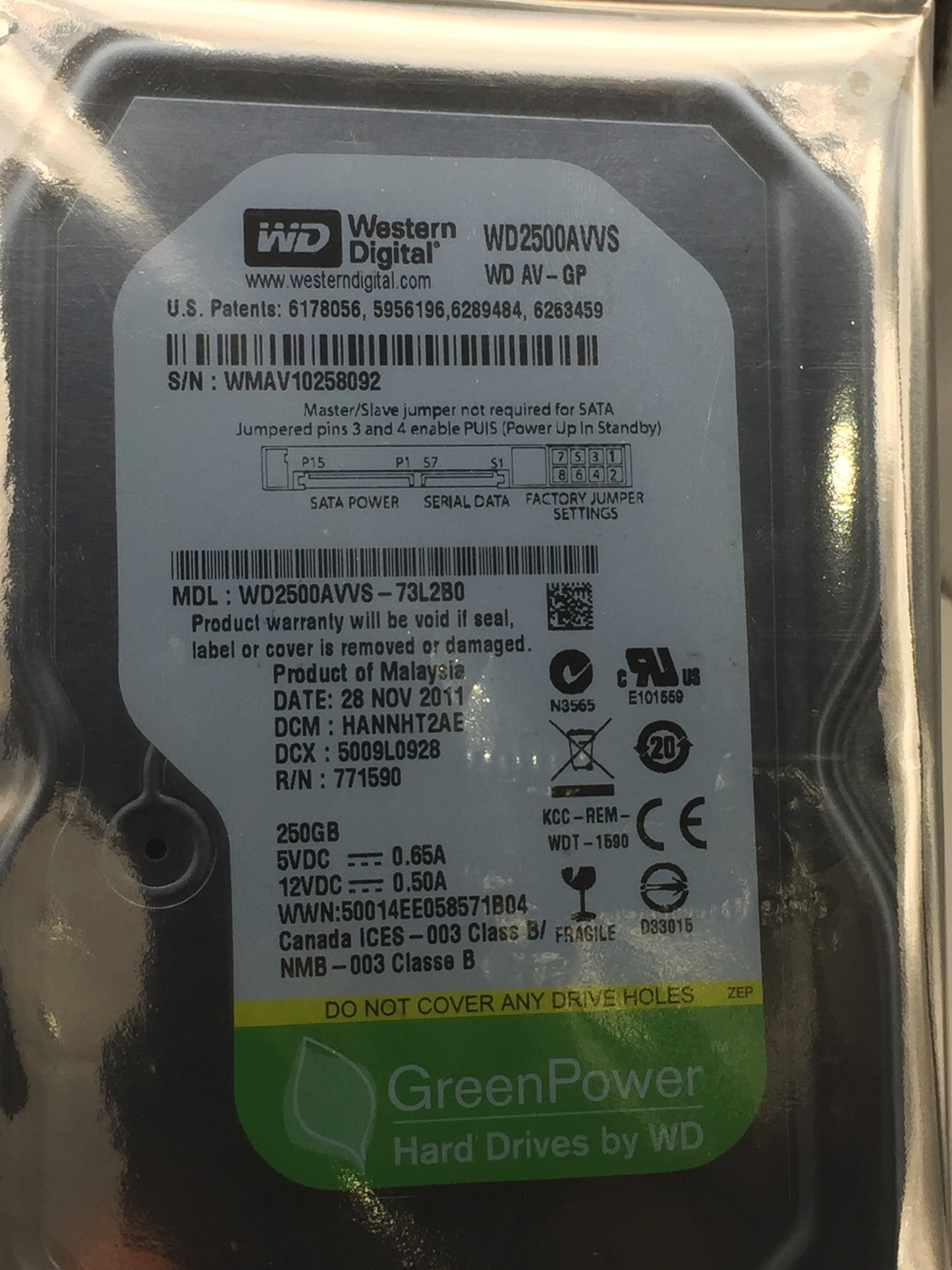 WD AV-GP 250GB 5400-7200 RPM 8MB SATA 3.0Gb/s 3.5" DVR / AV Hard Drive USED