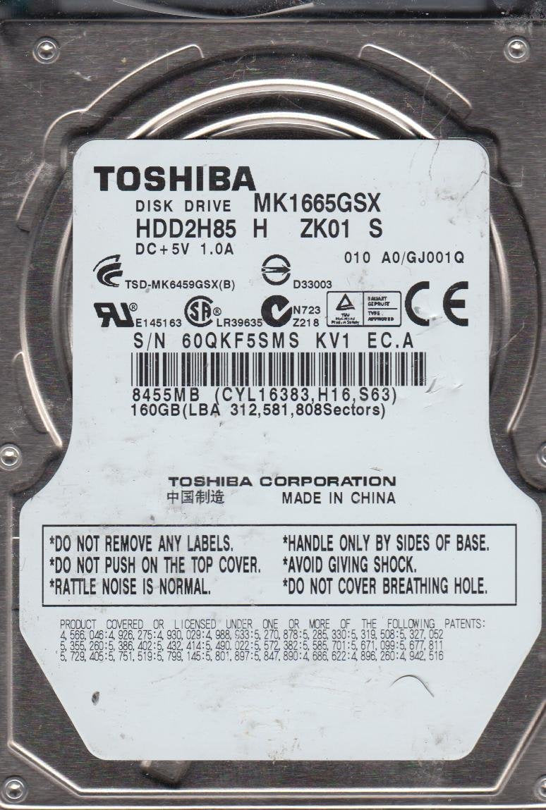 MK1665GSX, A0/GJ001Q, HDD2H85 H ZK01 S, Toshiba 160GB SATA 2.5 HDD Used Grade A