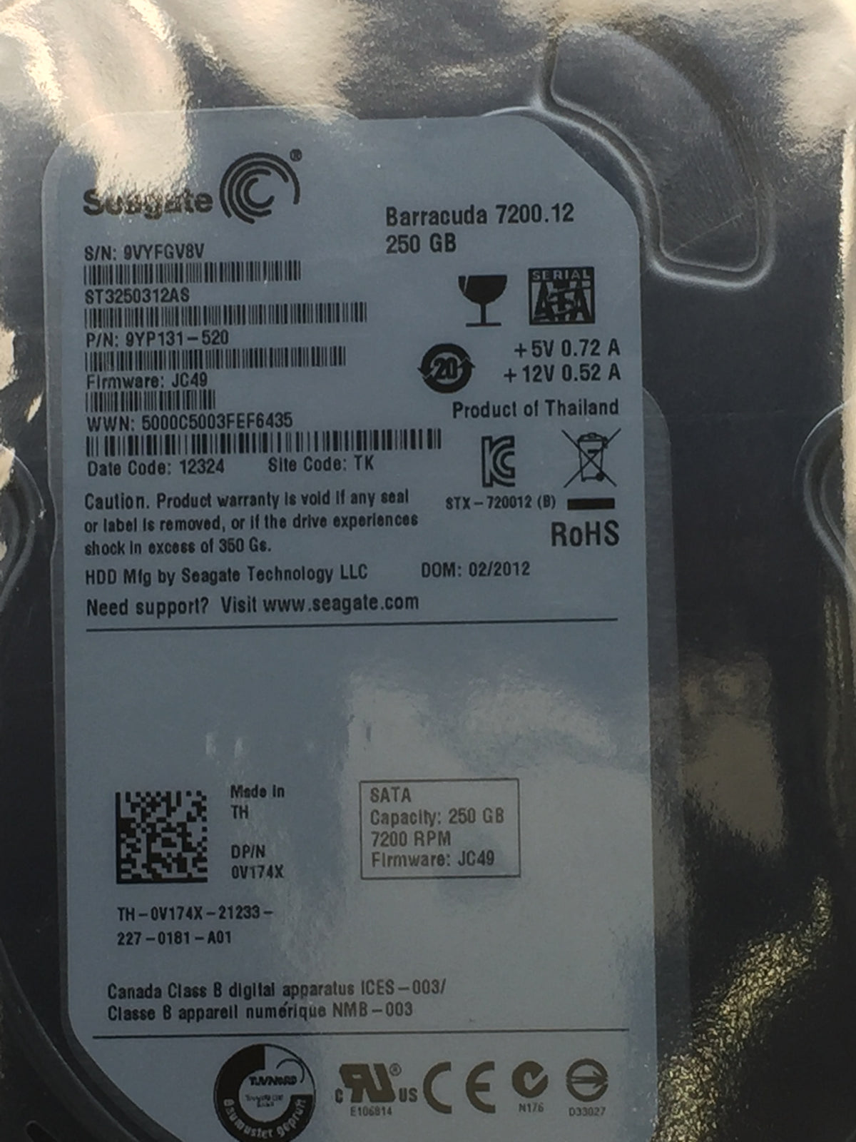 Seagate ST3250312AS Barracuda 250GB 7200 RPM 8MB SATA 3.0Gb/s 3.5" HDD USED