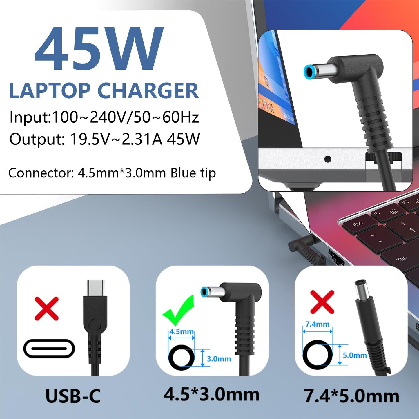 Laptop Charger HP 740015-002 741727-001 Stream 11 13 14 (All Models - Blue Tip Connector) AC Adapter Power Supply Cord used
