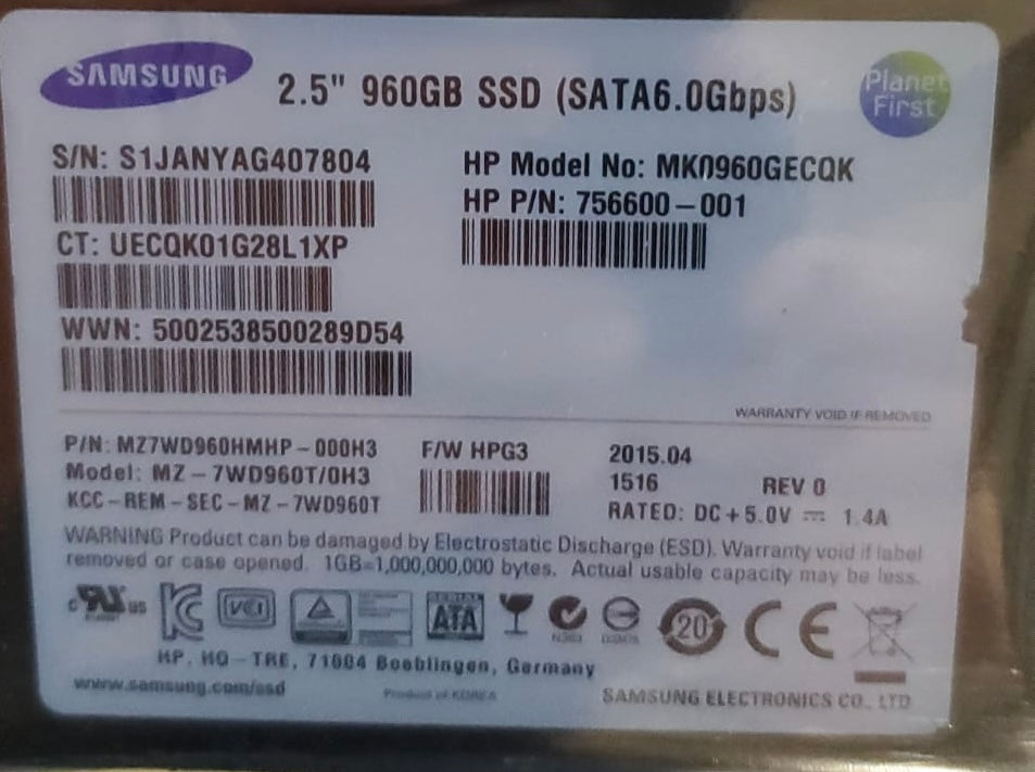 Hpe 756600-001Samsung 960GB 6G SFF SATA SC Hard Drive used tested Grade A