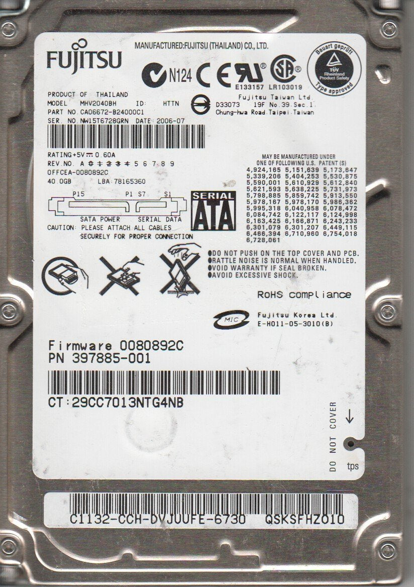 MHV2040BH, Fujitsu 40GB SATA 2.5 Hard Drive used