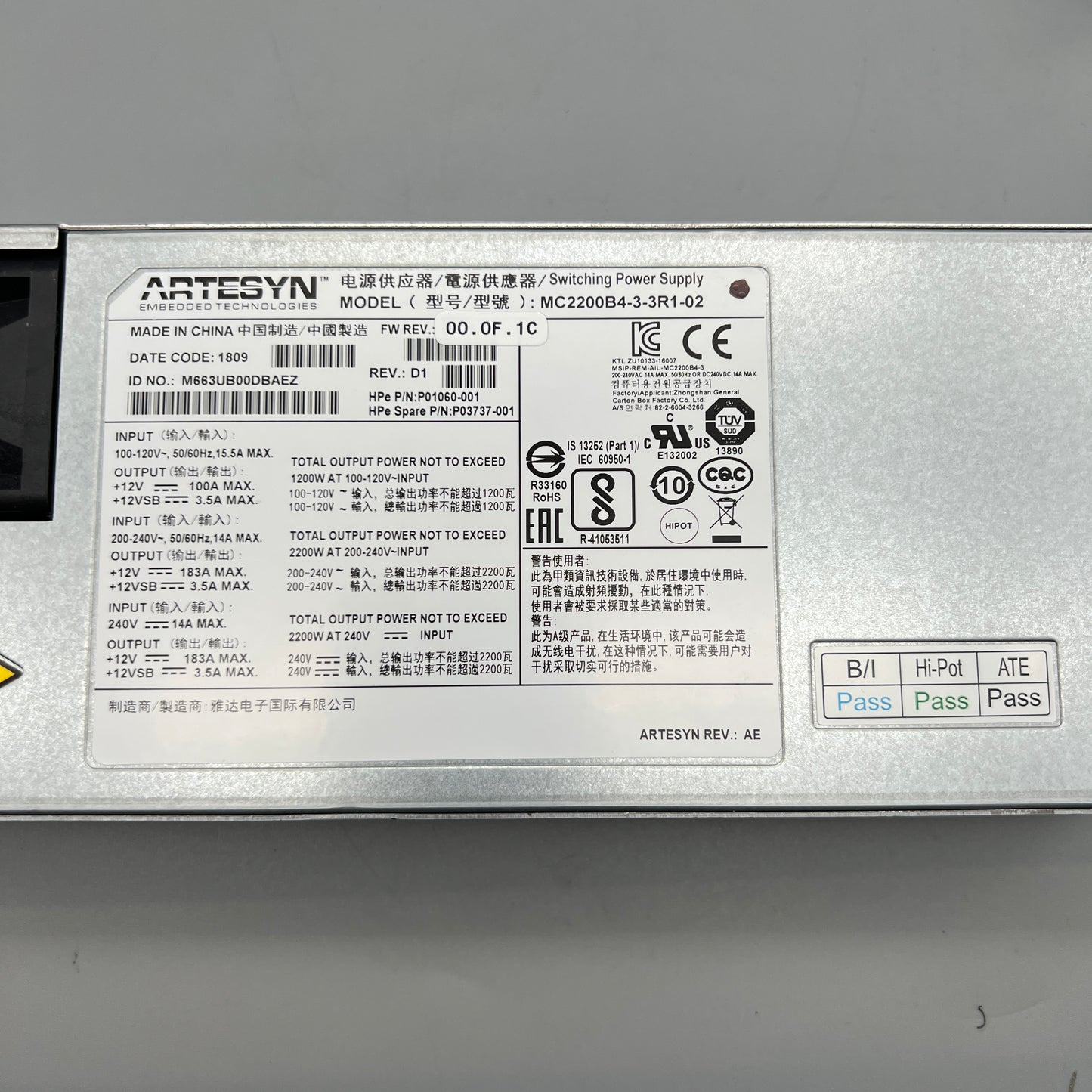 HP P01060-001 ARTESYN 2200W Power Supply P03737-001 MC2200B4-3-3R1-02 80PLUS PLATINUM