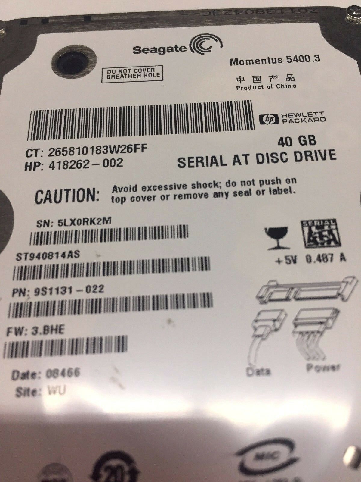 Seagate ST940814AS 9S1131-030 FW:3.CDD WU 40gb 2.5" Sata HDD used Grade A