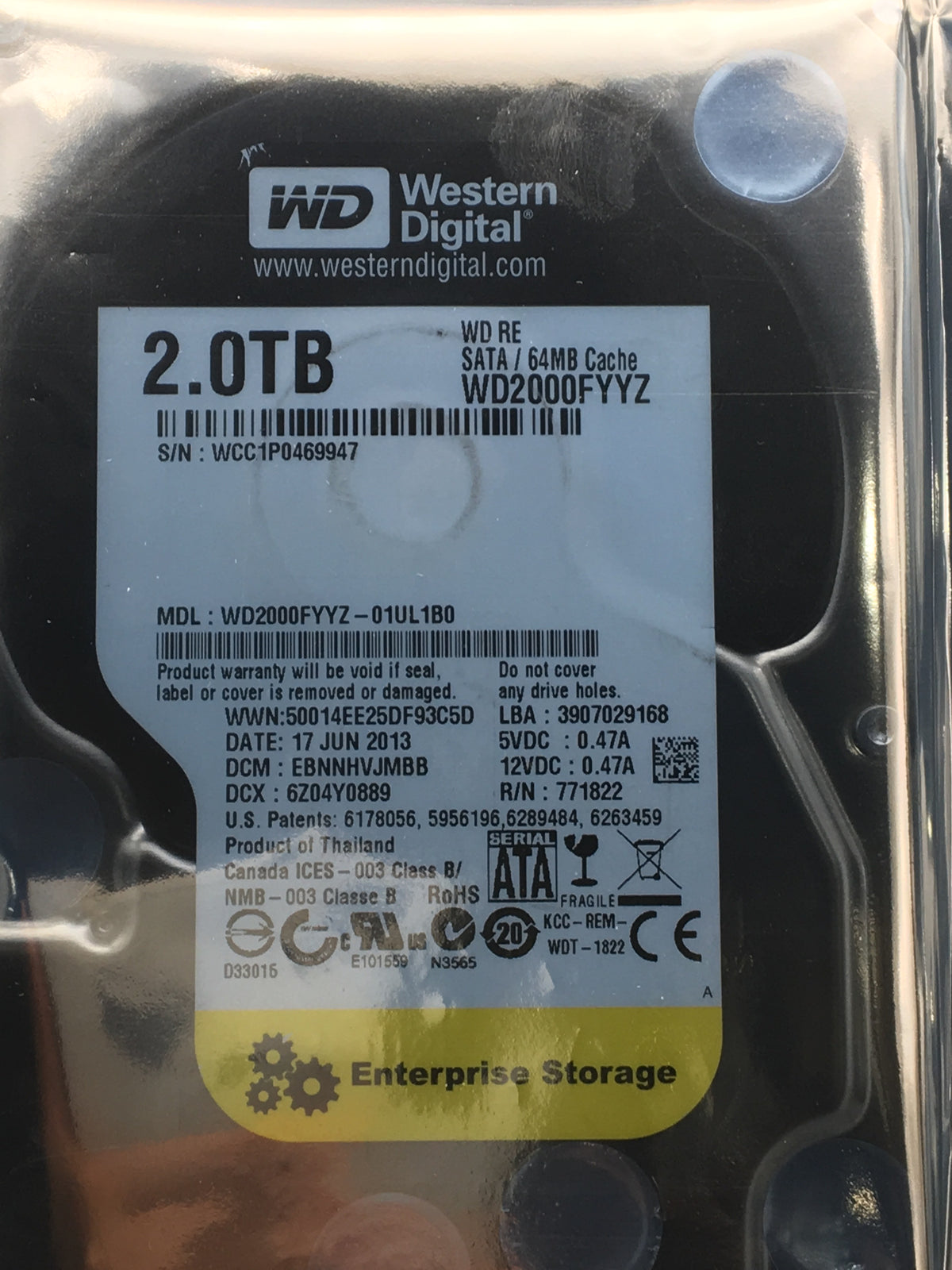 WD Re 2TB 7200 RPM 64MBSATA 3.5" Enterprise HDD (WD2000FYYZ-01UL1B0) ZERO HOURS