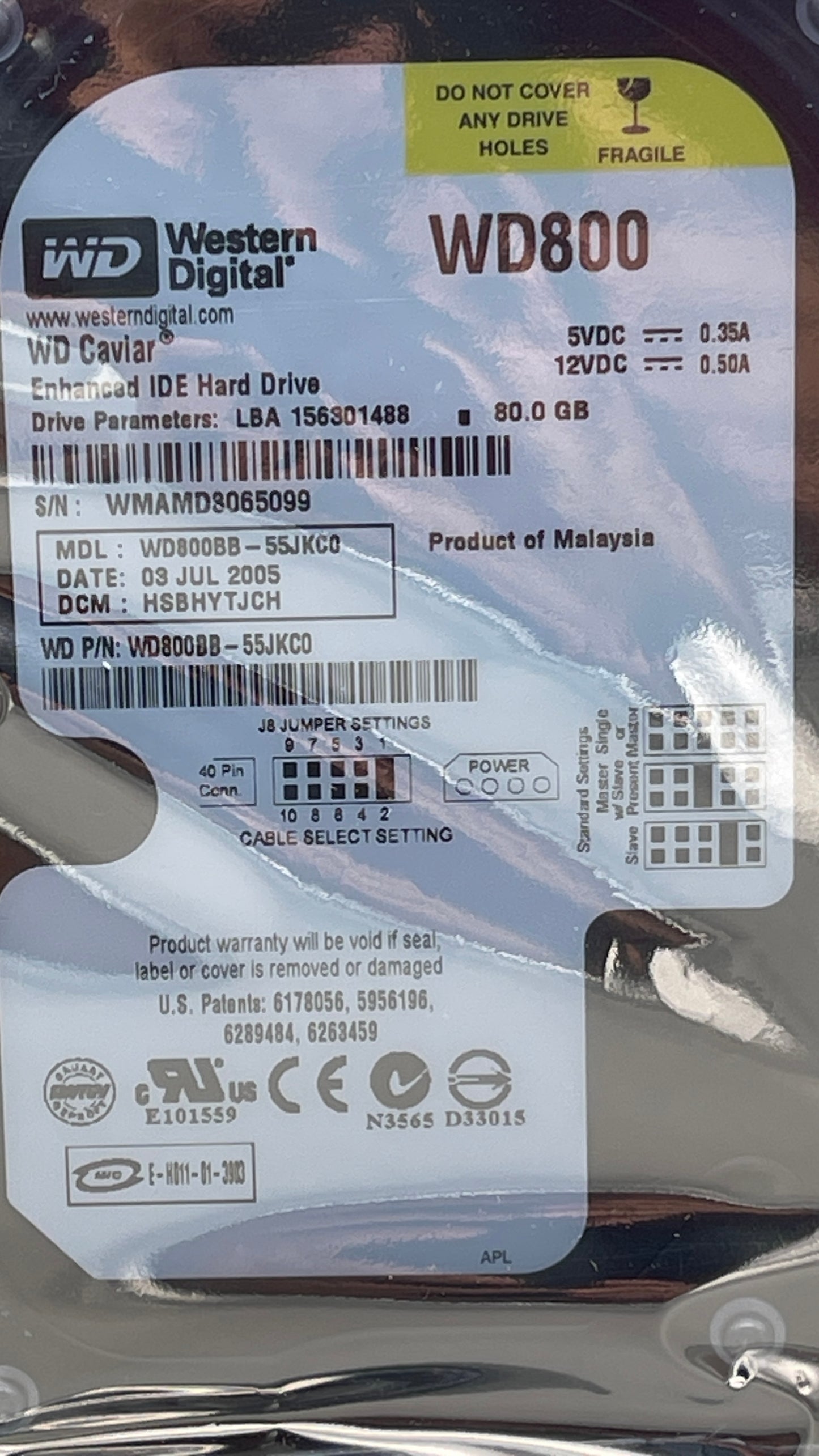 Western Digital WD800BB-55JKC0 - 80GB 7.2K RPM IDE 3.5" Hard Disk Drive used