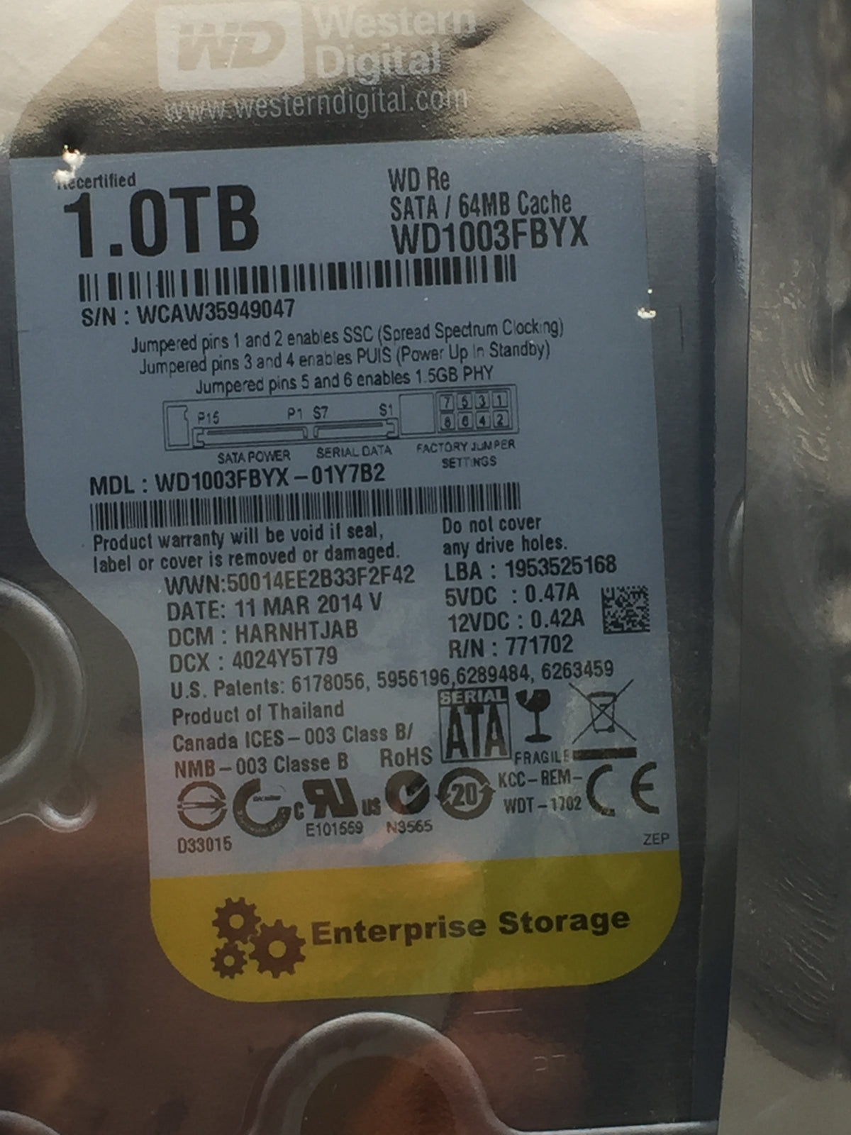 WD RE4 1TB SATA 3.5" Enterprise Hard Drive (WD1003FBYX-01Y7B2) Zero Hours