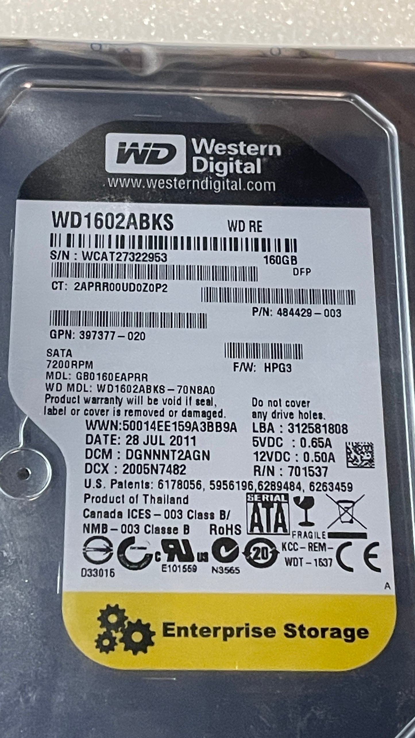 484429-003 Hewlett-Packard 160Gb 3.5Inch 7200Rpm Sata WD1602ABKS 397377-020