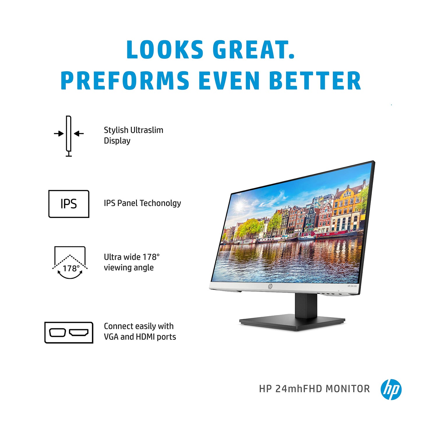 HP 24mh FHD Computer Monitor with 23.8-Inch IPS Display (1080p) - Built-In Speakers and VESA Mounting -used A