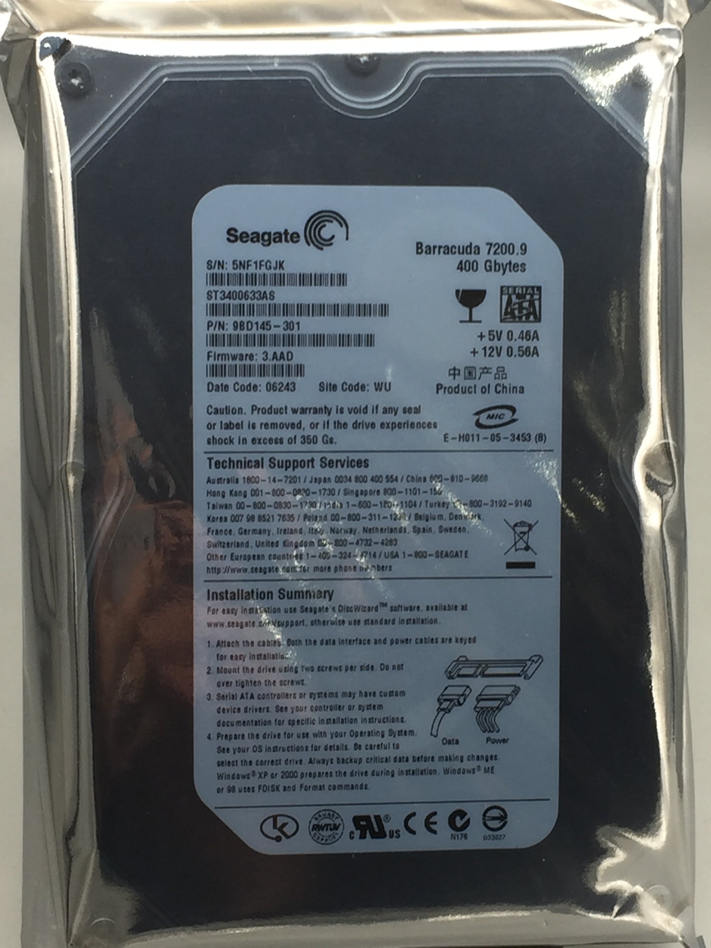 Seagate Barracuda ST3400633AS ES 400GB 7200 RPM 16MB SATA Enterprise HDD used