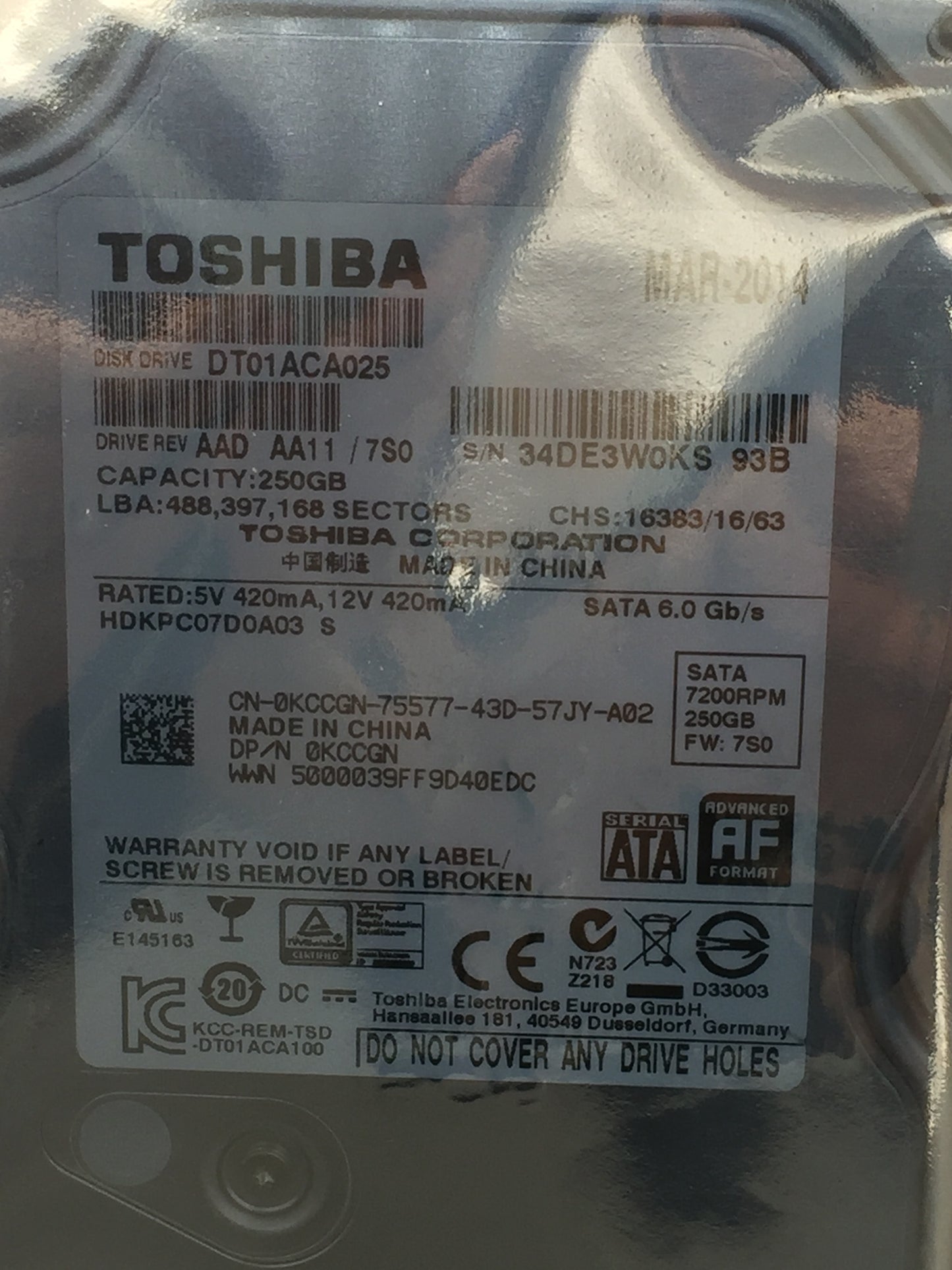 Toshiba DT01ACA025 250GB 7200 RPM 8MB Cache SATA 6.0Gb/s 3.5" HDD USED