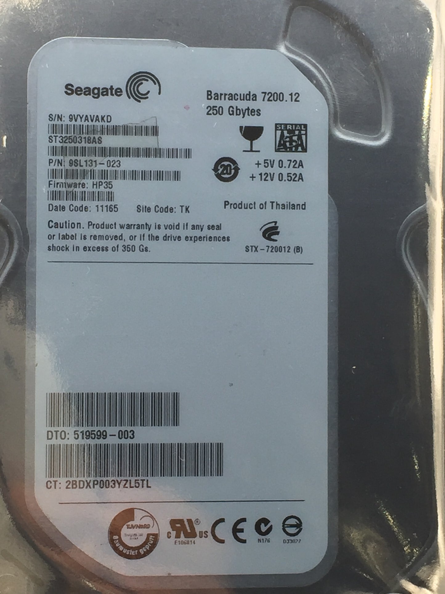 Seagate Barracuda 7200.12 250GB 7200 RPM 8MB SATA 3.0Gb/s 3.5" Internal HDD USED
