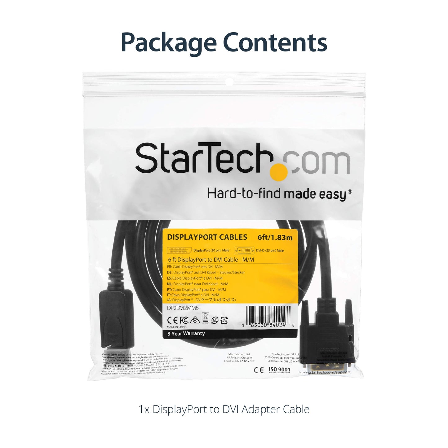 StarTech.com DisplayPort to DVI Cable - 6ft / 2m (DP2DVI2MM6)