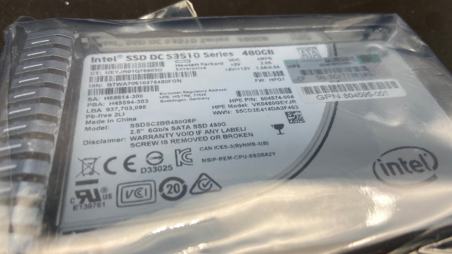 804595-001 HPE 480GB SATA 6G Hot-Swap Read Intensive-2 2.5" SC SSD intel S3510