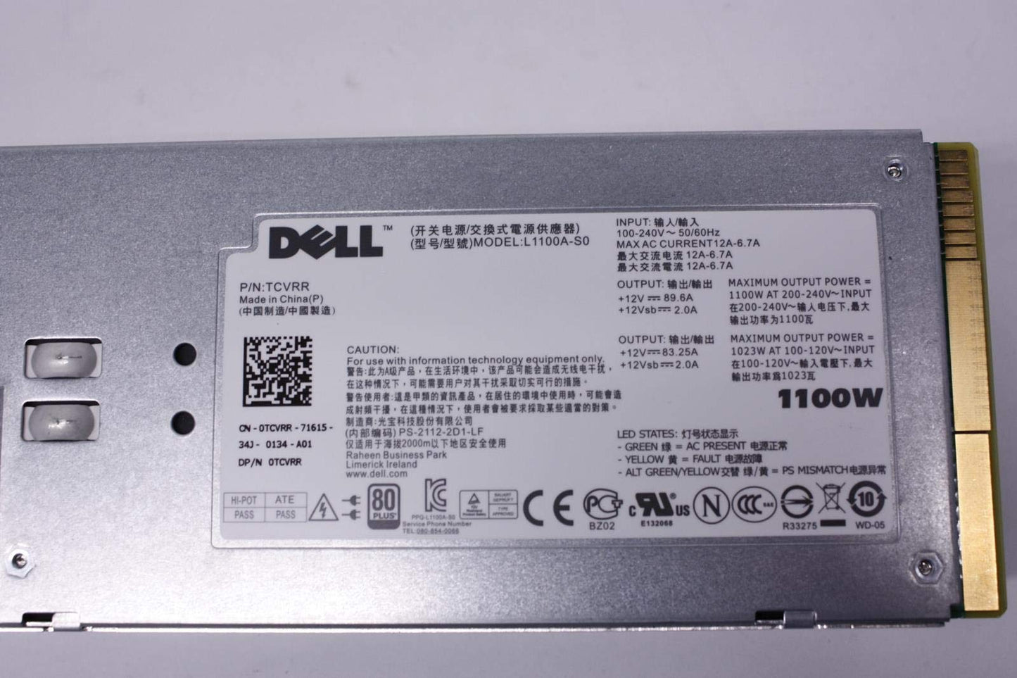 Dell TCVRR PowerEdge T710 T510 T910 R810 1100W Redundant PSU L1100A-SO Used
