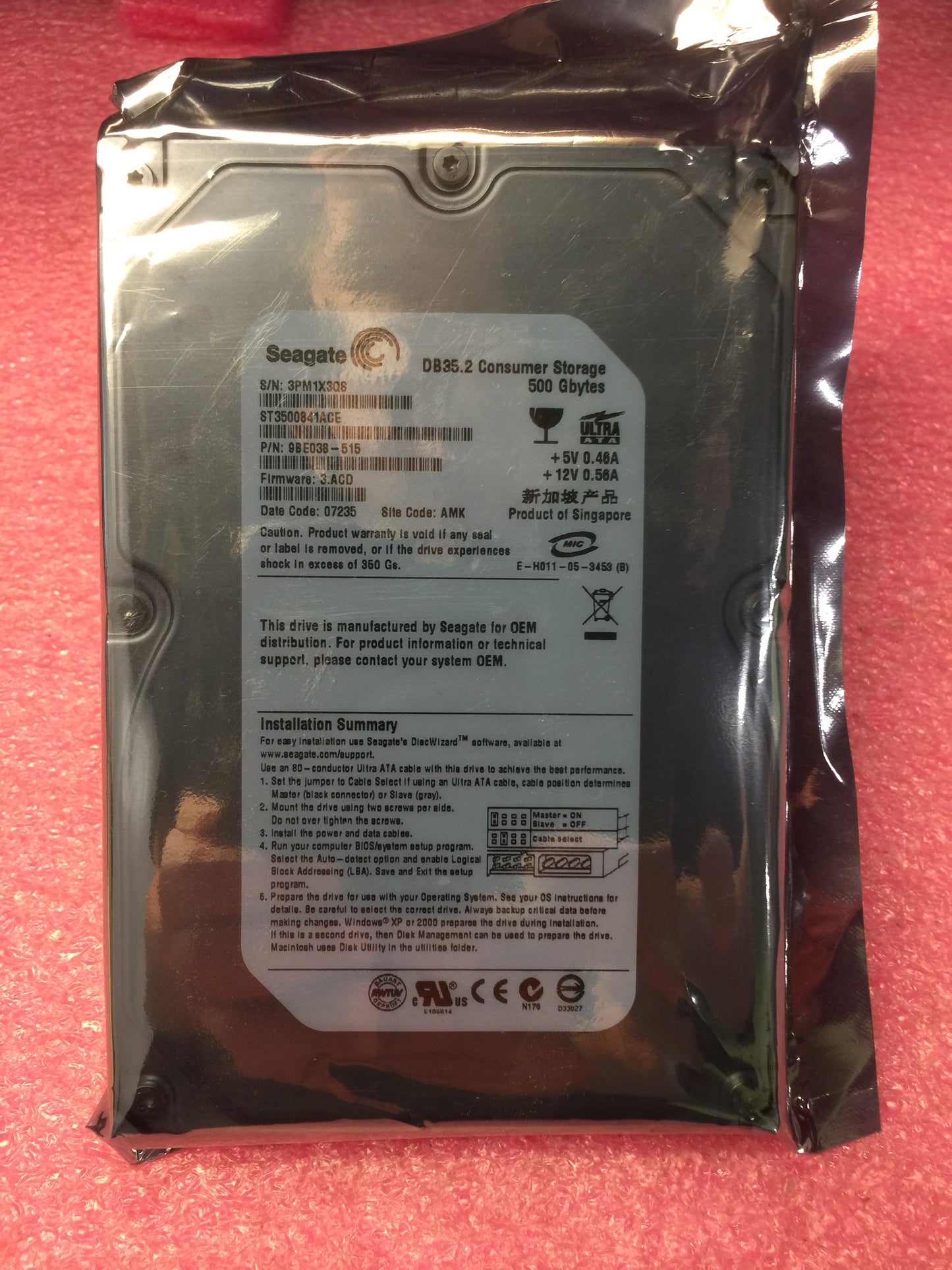 Seagate ST3500841ACE IDE 500GB 7200rpm 3.5-Inch Hard Drive Used