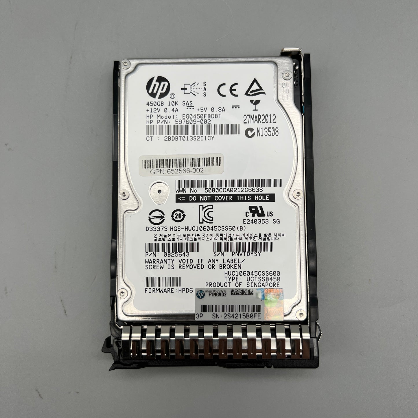 HP 450GB 10K SAS with tray HOT-PLUG 597609-002 652566-002 653956 EG0450FBDBT