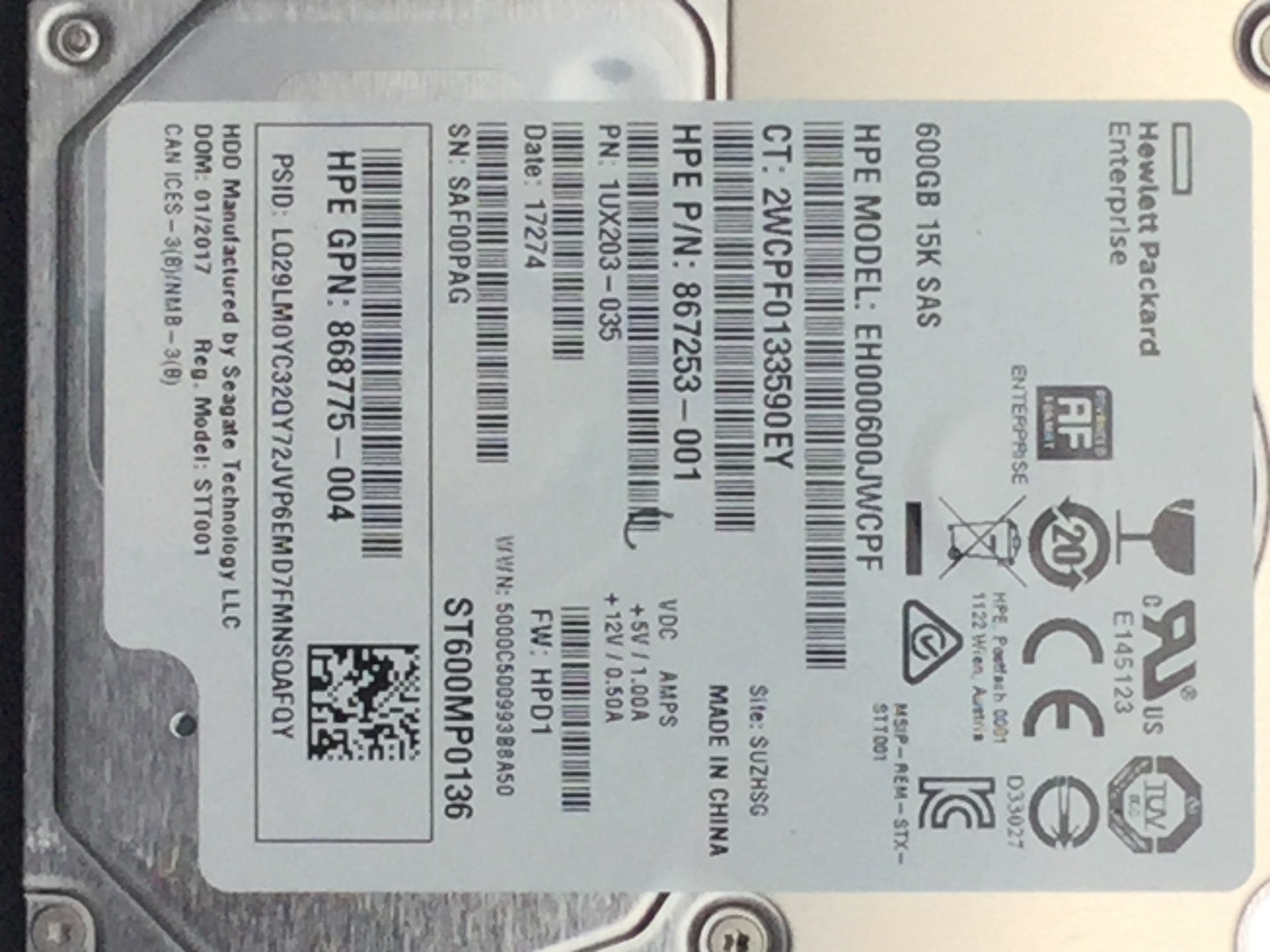 867253-001 HPE 600GB 15K 12G SFF SAS SC Hard Drive