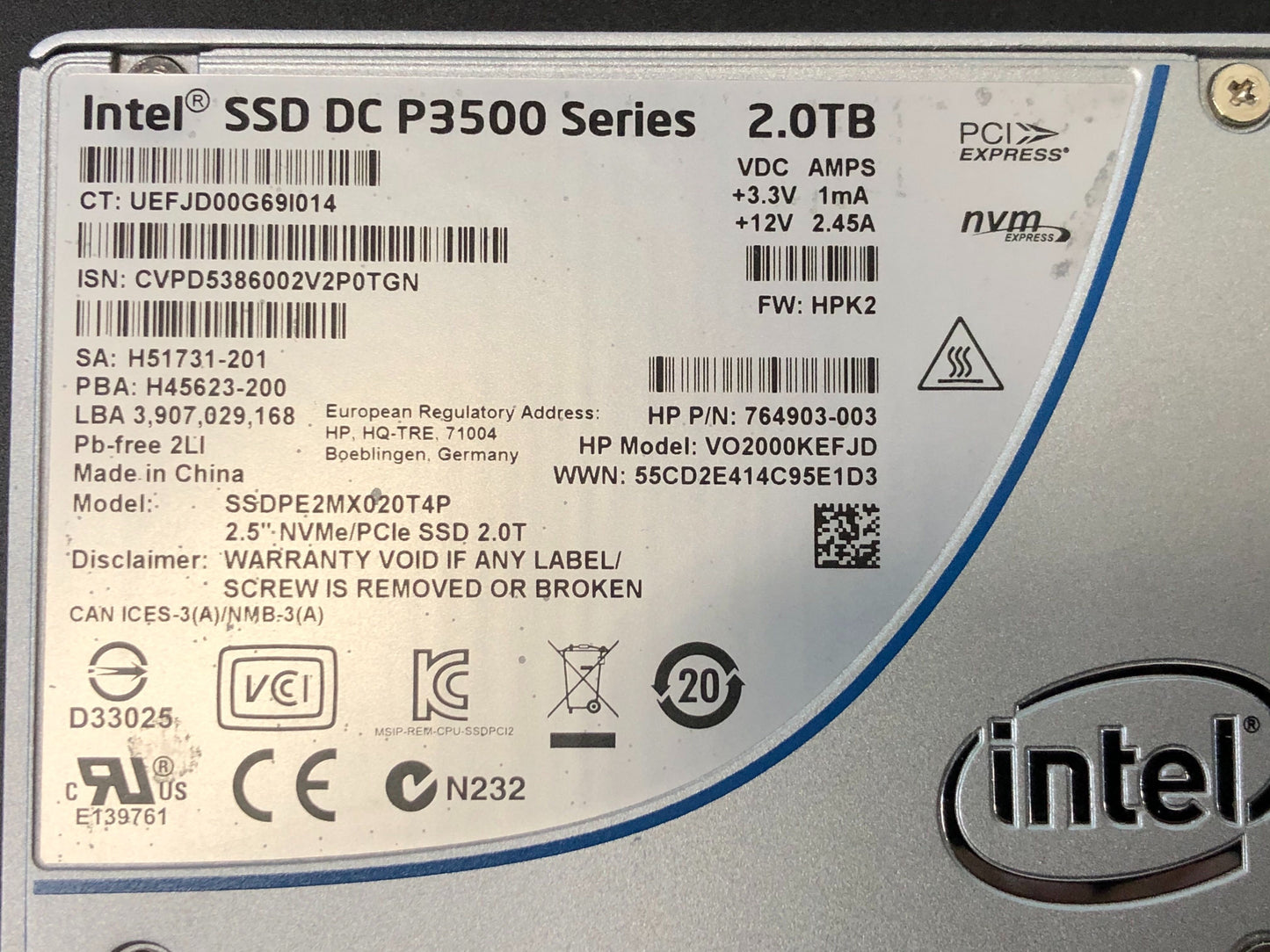 HP 2TB NVMe Solid Statte Drv SSD 2.5 Drive 764903-003 VO2000KEFJD