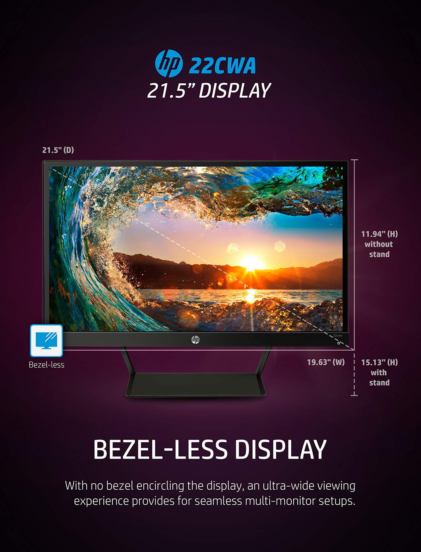 HP Pavilion 22cwa 21.5-Inch Full HD 1080p IPS LED Monitor, Tilt, VGA and HDMI (T4Q59AA) - Black used, Grade A