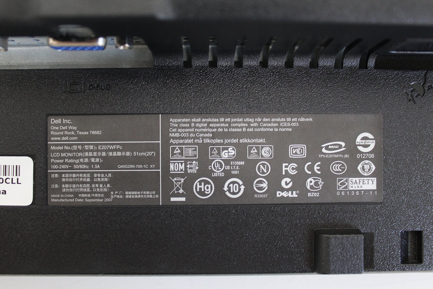 DELL E207WFPC DELL 20 FLAT PANEL LCD MONITOR USED