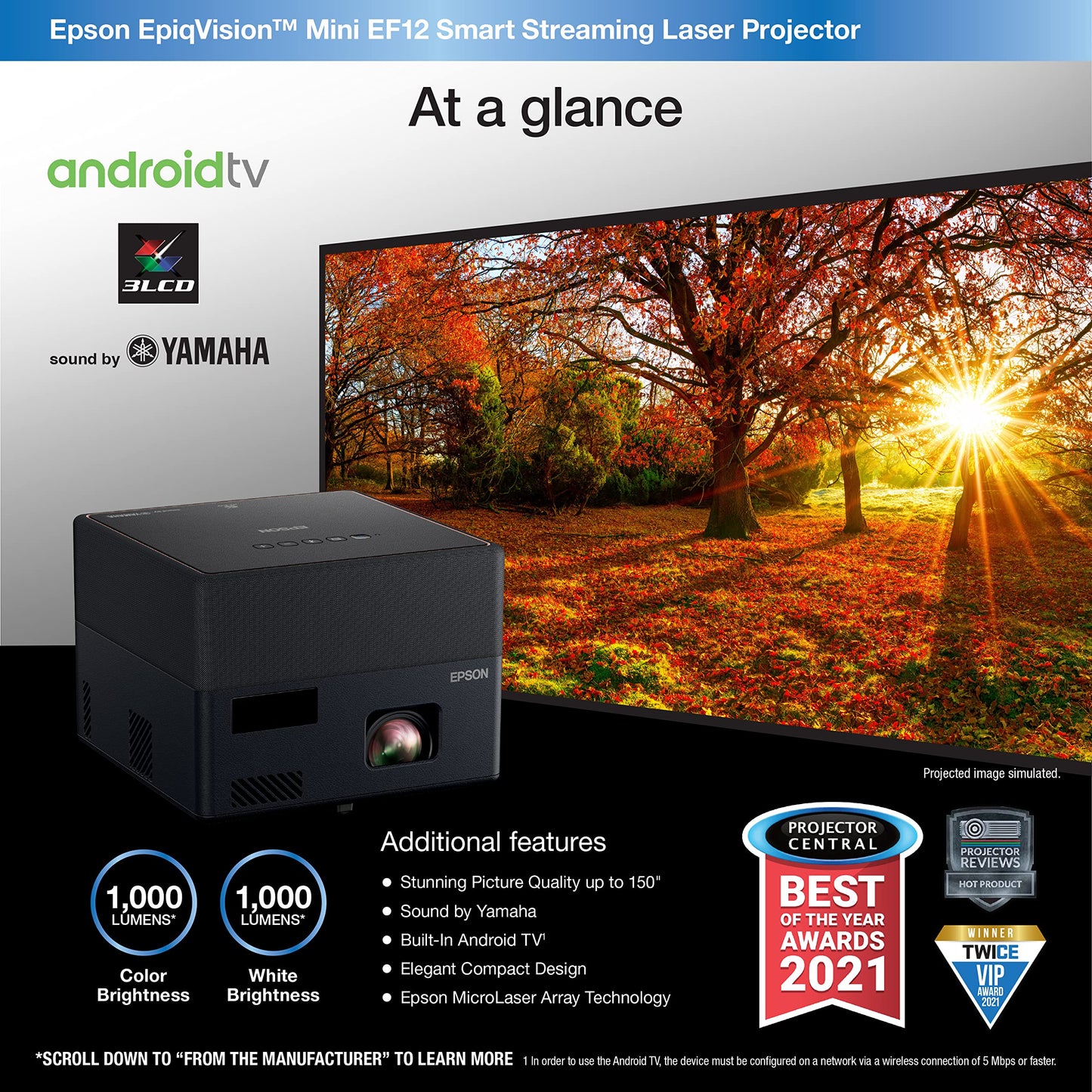 Epson EpiqVision Mini EF12 Smart Streaming Laser Projector, HDR, Android TV, Portable, sound by Yamaha, 3LCD, Full HD 1080p, 1000 lumens Color and White Brightness Bluetooth support Black Small