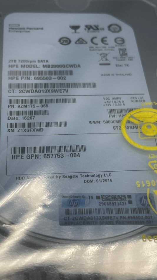 HPE 657753-004 2TB 7.2K 6G 3.5 MDL SATA HDD695503-002