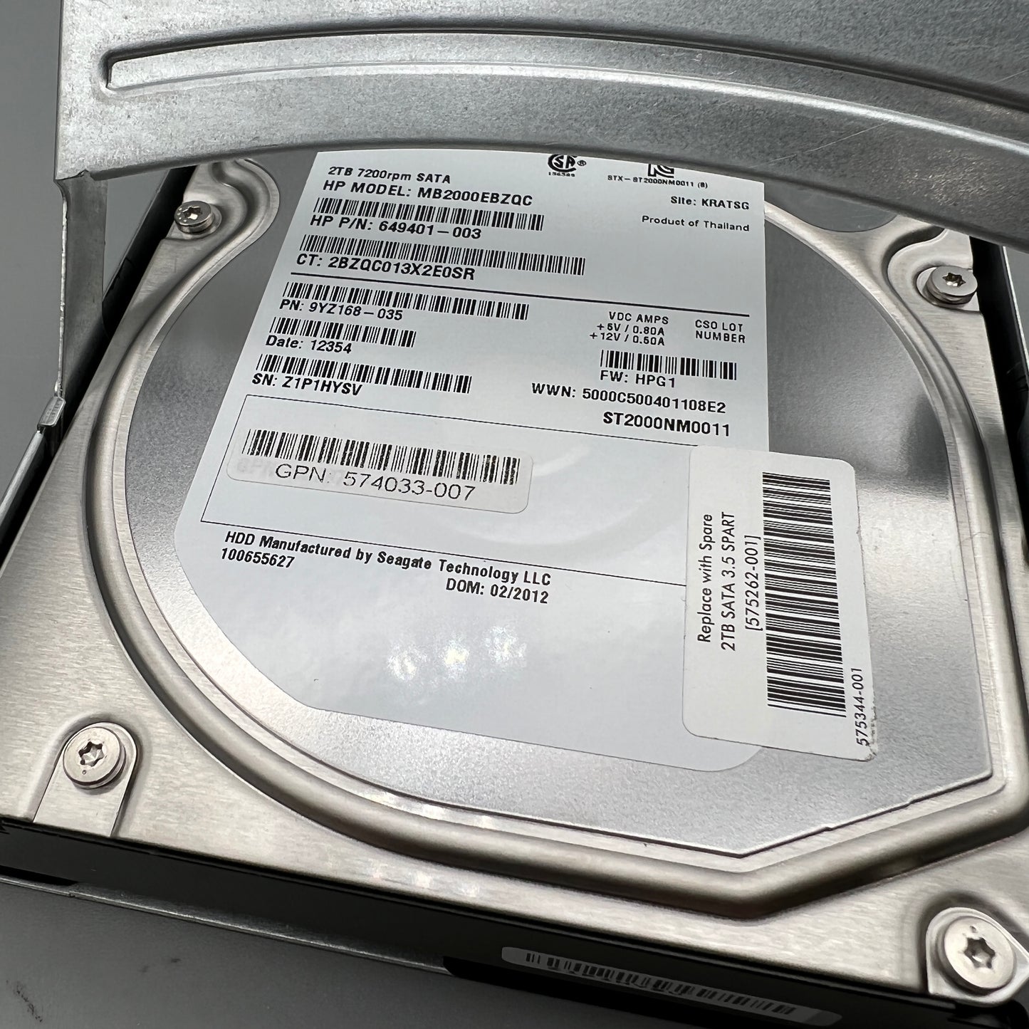 HP 2TB 7.2K SATA HDD 3.5" with tray MDL HOT-PLUG 649401-003 574033-007