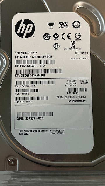 HP 649401-002 1TB SATA MB1000EBZQB 9YZ164-035 397377-024 ST1000NM0011 7200rpm HDD