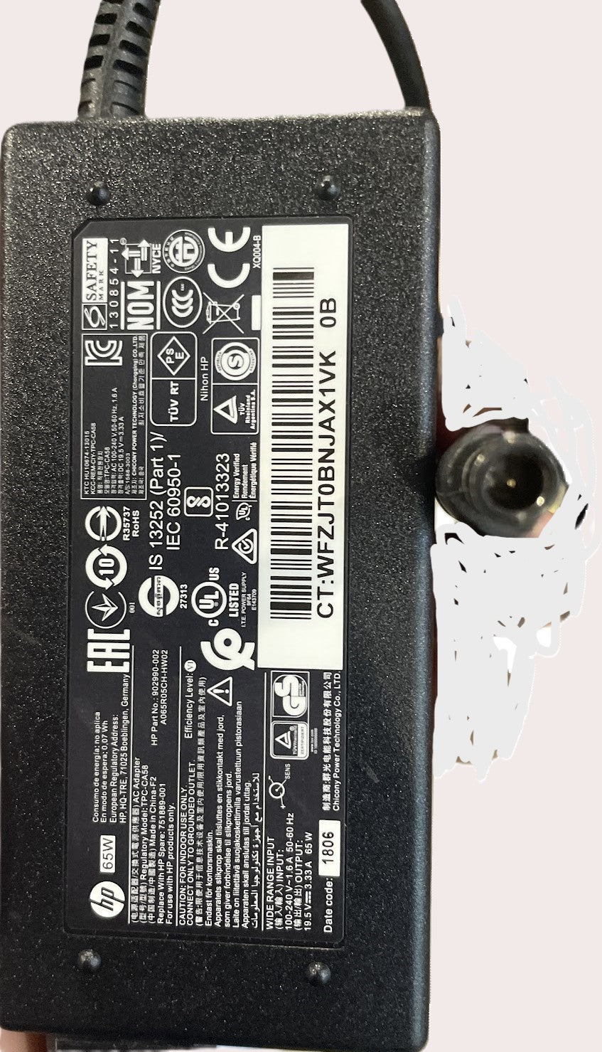 Genuine HP TPC-CA58 / 902990-002 / 751889-001 65W 19.5V 3.33A Laptop Charger Smart AC Power Supply Adapter 7.4mm used