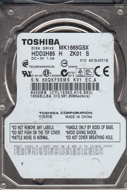 MK1665GSX, A0/GJ001Q, HDD2H85 H ZK01 S, Toshiba 160GB SATA 2.5 HDD Used Grade A