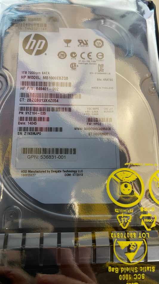 HP 536831-001 1TB 7.2K 3.5" Inch HOT-Swapable Midline HDD 649401-002 ST1000NM0011 619462-001