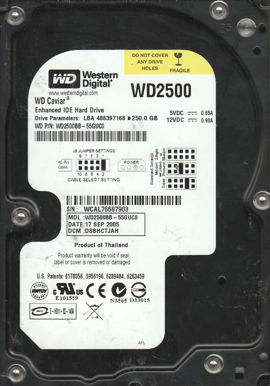 WD2500BB-55GUC0, DCM DABHCTJAH, Western Digital 250GB IDE 3.5 Hard Drive used