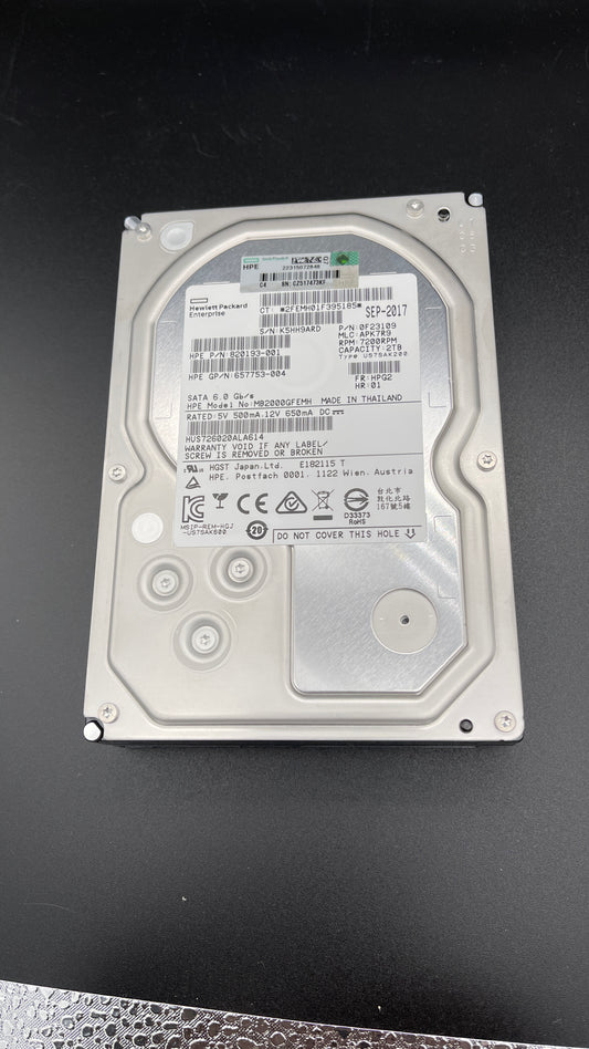 HP 657753-004 , 820193-001  2TB 7.2K 3.5 SATA 6G G8 SC HDD W/O TRAY - NEW PULL