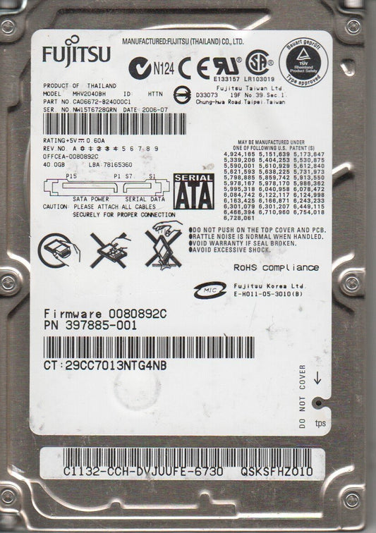 MHV2040BH,  Fujitsu 40GB SATA 2.5 Hard Drive used