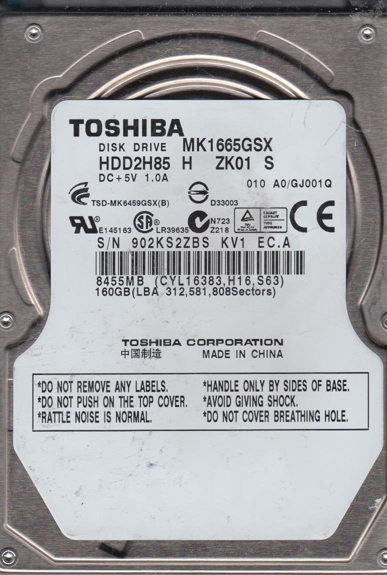 MK1665GSX, A0/GJ001Q, HDD2H85 H ZK01 S, Toshiba 160GB SATA 2.5 HDD Used Grade A