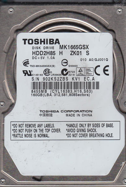 MK1665GSX, A0/GJ001Q, HDD2H85 H ZK01 S, Toshiba 160GB SATA 2.5 HDD Used Grade A
