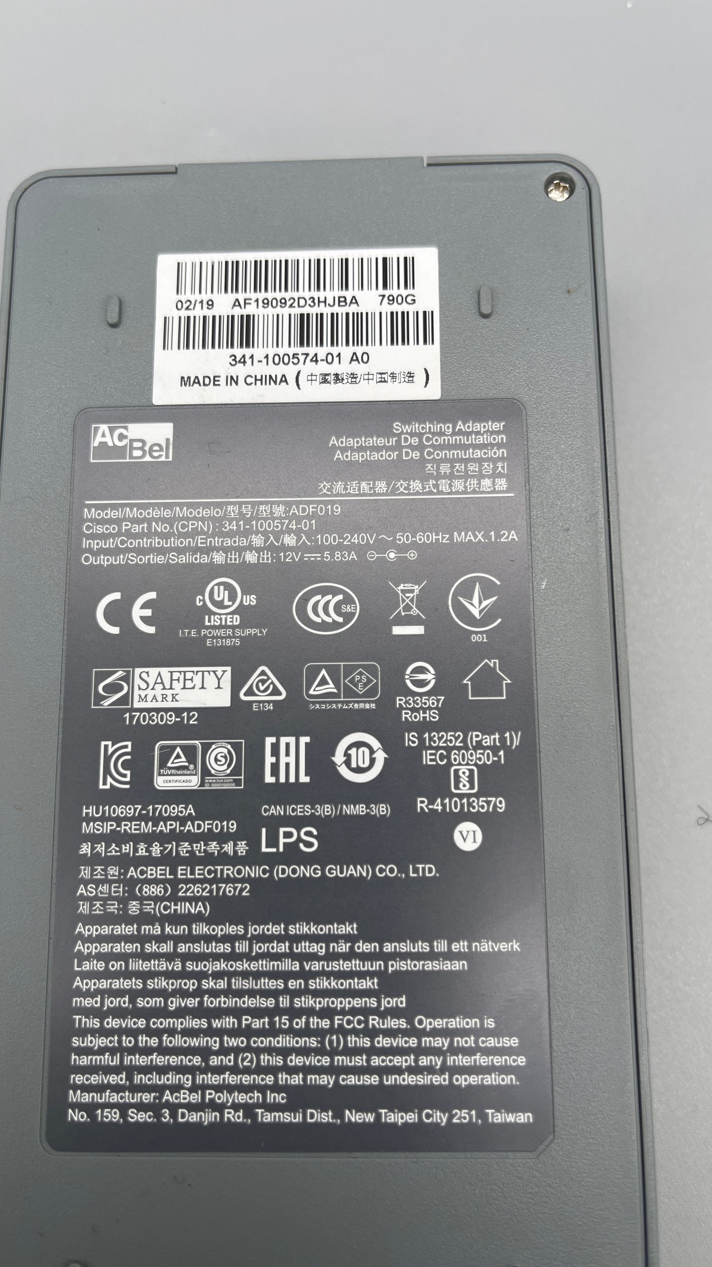 Genuine AcBel Cisco 12V ADF019 341-100574-01 Switching Adapter Power Supply used
