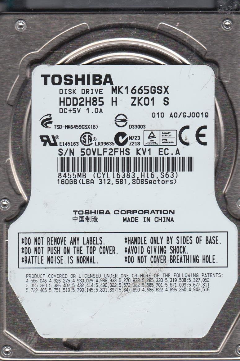 MK1665GSX, A0/GJ001Q, HDD2H85 H ZK01 S, Toshiba 160GB SATA 2.5 HDD Used Grade A
