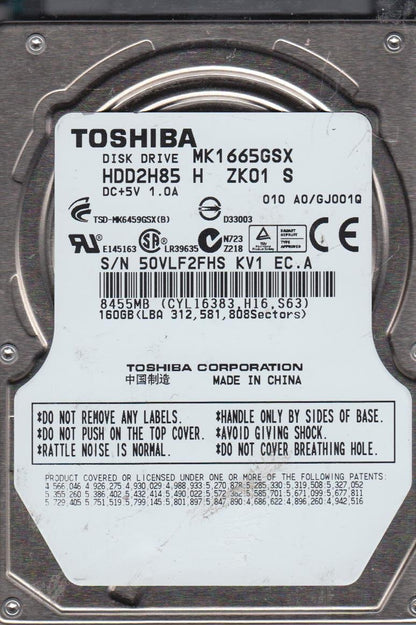 MK1665GSX, A0/GJ001Q, HDD2H85 H ZK01 S, Toshiba 160GB SATA 2.5 HDD Used Grade A