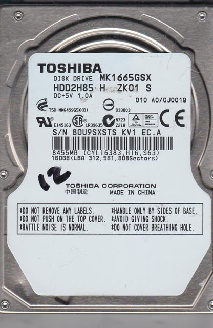 MK1665GSX, A0/GJ001Q, HDD2H85 H ZK01 S, Toshiba 160GB SATA 2.5 HDD Used Grade A