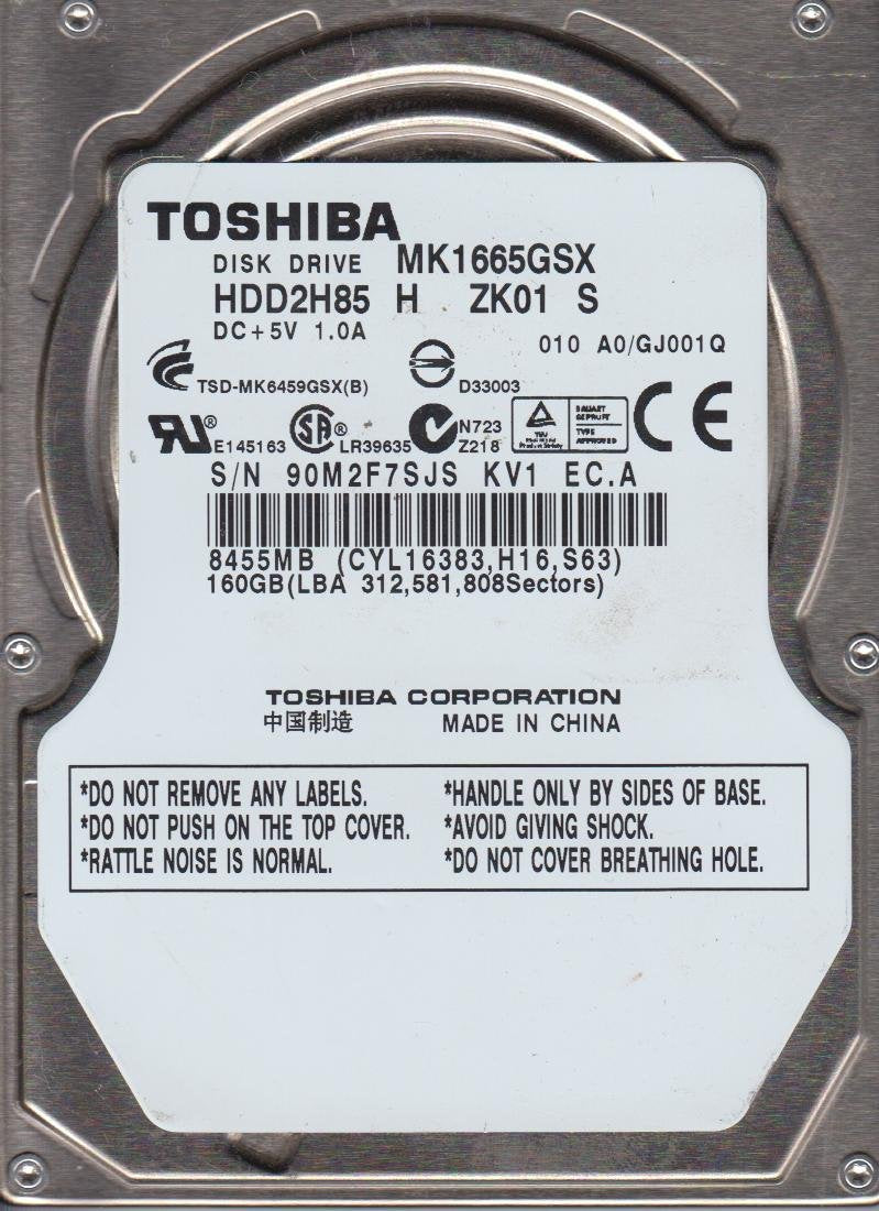 MK1665GSX, A0/GJ001Q, HDD2H85 H ZK01 S, Toshiba 160GB SATA 2.5 HDD Used Grade A