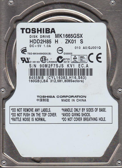 MK1665GSX, A0/GJ001Q, HDD2H85 H ZK01 S, Toshiba 160GB SATA 2.5 HDD Used Grade A