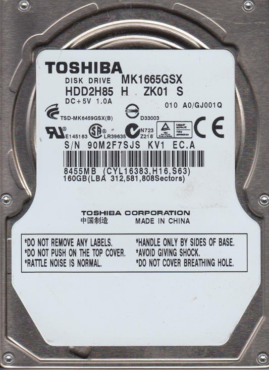 MK1665GSX, A0/GJ001Q, HDD2H85 H ZK01 S, Toshiba 160GB SATA 2.5 HDD Used Grade A