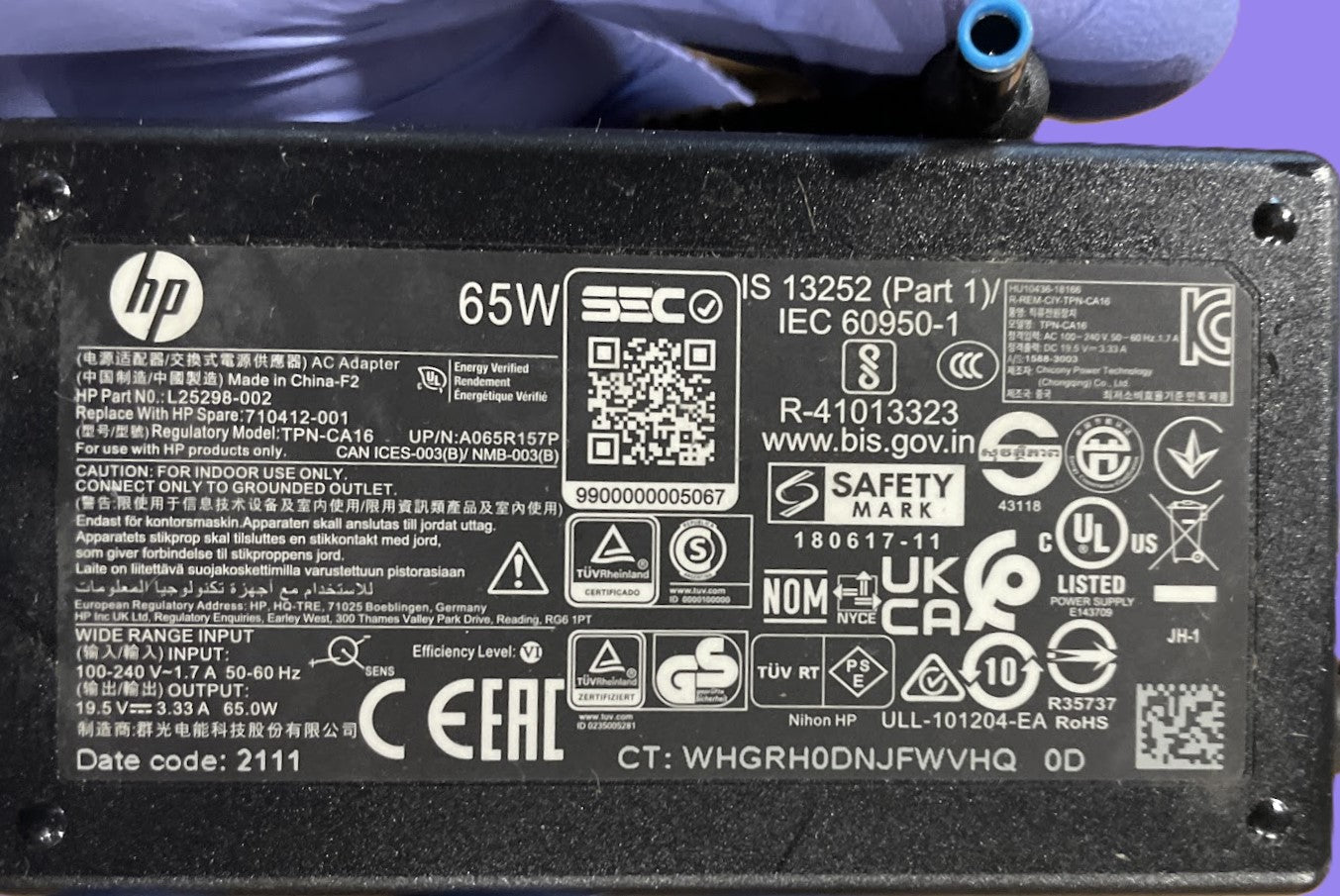 HP TPN-CA Blue 65W 19.5V 3.33A L25298-002 710412-001 ac adapter used