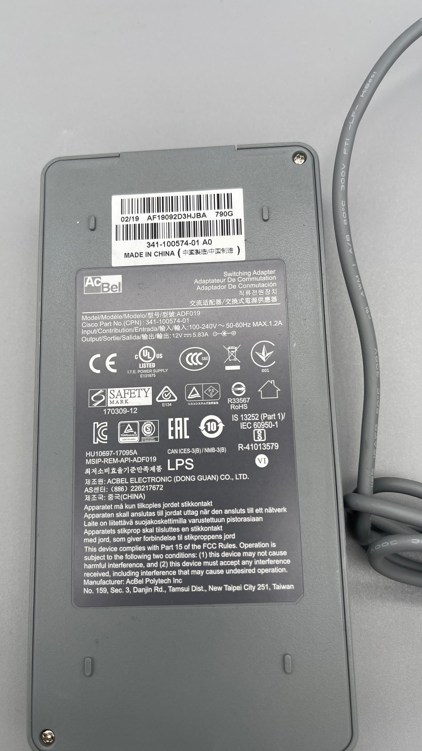 Genuine AcBel Cisco 12V ADF019 341-100574-01 Switching Adapter Power Supply used