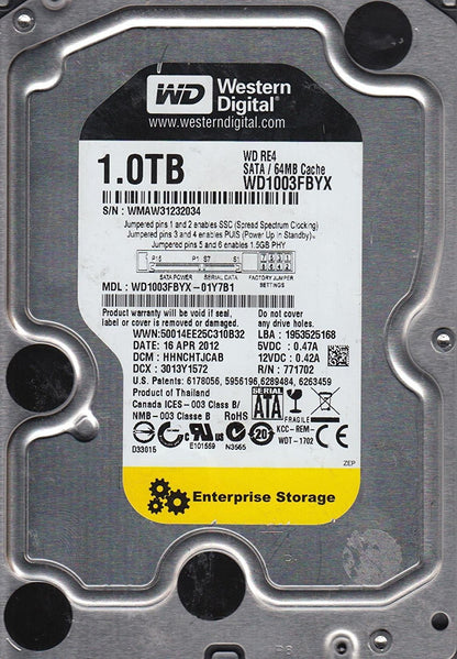 WD1003FBYX-01Y7B1 Western Digital 1TB 7200RPM SATA 3.0 Gbps 3.5 inch RE4 Hard Drive used