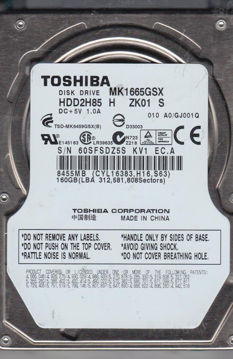 MK1665GSX, A0/GJ001Q, HDD2H85 H ZK01 S, Toshiba 160GB SATA 2.5 HDD Used Grade A