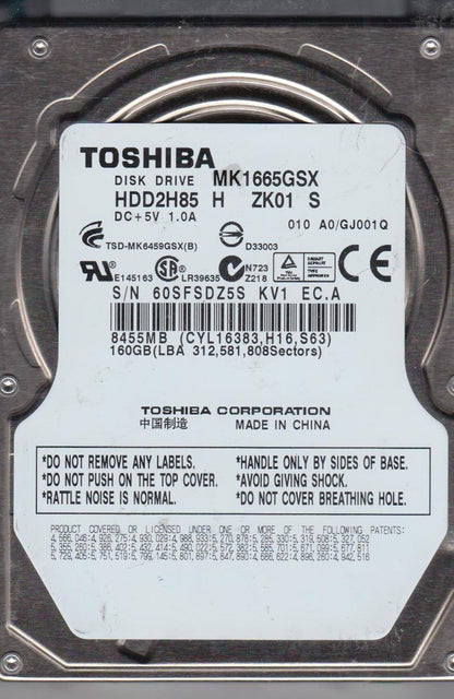 MK1665GSX, A0/GJ001Q, HDD2H85 H ZK01 S, Toshiba 160GB SATA 2.5 HDD Used Grade A